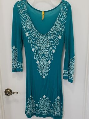 〰️Pure Intent〰️ Teal Long Sleeve Faux Embroidered V-Neck Dress S
